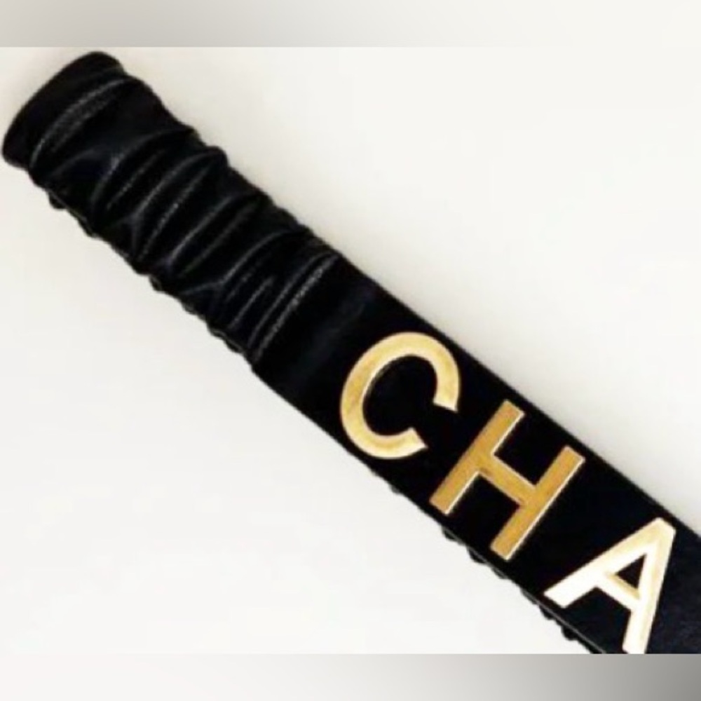 Gold CHA NEL Crystal interlocking CC Black Leather Scrunch Waist Belt & Box XS S - Picture 2 of 14